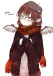  alternate_costume animal_ears bad_id bad_pixiv_id beret bespectacled bird brown_hair contemporary glasses hat jacket mystia_lorelei plaid plaid_scarf pun2 purple_eyes scarf short_hair solo touhou wings 