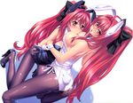  2girls absurdres animal_ears ass breasts bunny_ears bunny_girl bunnysuit cleavage corticarte_apa_lagranges dual_persona dutch_angle highres kannatsuki_noboru legs multiple_girls older pantyhose ponytail purple_pantyhose red_eyes red_hair redhead shinkyoku_soukai_polyphonica wallpaper yuri 