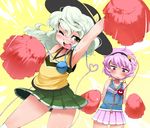  ario armpits cheerleader flat_chest green_eyes green_hair hairband hat heart komeiji_koishi komeiji_satori multiple_girls one_eye_closed pleated_skirt pom_poms purple_eyes purple_hair short_hair siblings silver_hair sisters skirt sun_hat third_eye touhou 