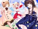  arm_up aw bad_id bad_pixiv_id blonde_hair bow cherry_blossoms closed_eyes crescent day dress drill_hair fairy hair_bow happy luna_child mary_janes multiple_girls open_mouth shoes sky smile star star_sapphire sun_(symbol) sunny_milk thighhighs tongue touhou 