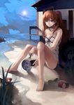  absurdres bad_id bad_pixiv_id bare_shoulders barefoot beach blue_eyes brown_hair cameo day earbuds earphones fan hatsune_miku highres long_hair neon_genesis_evangelion off_shoulder paper_fan smile solo souryuu_asuka_langley strap_slip uchiwa vocaloid walkman yykuaixian 