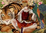  bird blonde_hair chin_rest flower hair_ornament multicolored_hair peacock red_eyes sen_hisame short_hair sitting solo tiger toramaru_shou touhou 