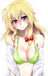  bare_shoulders blonde_hair blush bra breasts cleavage green_bra head_tilt k2isu kirisame_marisa large_breasts lingerie long_hair no_hat no_headwear off_shoulder open_clothes open_shirt purple_eyes shiny shiny_skin shirt simple_background solo touhou underwear upper_body 