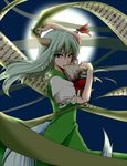  ex-keine full_moon green_hair horns ifuji_sakura kamishirasawa_keine long_hair moon mouth_hold red_eyes scroll solo tail touhou 