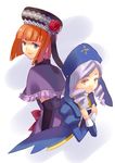  back-to-back bad_id bad_pixiv_id blue_eyes blue_hair book bow dlanor_a_knox drill_hair elbow_gloves eva_beatrice flower gloves grin hat looking_back multiple_girls orange_hair red_flower red_rose ribbon rose smile smirk umineko_no_naku_koro_ni xiangtu yellow_eyes 