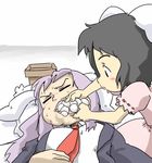  animal_ears annoyed black_hair blazer blush_stickers bunny_ears closed_eyes dress fat feeding food force_feeding inaba_tewi jacket lavender_hair long_hair mochi multiple_girls necktie ohyo pillow pink_hair prank purple_hair red_neckwear reisen_udongein_inaba shirt short_hair sleeping sweat touhou wagashi white_shirt 