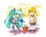  1girl ^_^ aqua_eyes aqua_hair blonde_hair chibi closed_eyes flower_pot happy hatsune_miku hello_planet_(vocaloid) long_hair necktie ogawa_nori plant short_hair thighhighs twintails vocaloid watering_can zettai_ryouiki 