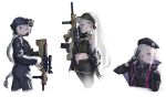  1girl absurdres bare_shoulders belt beret black_gloves black_jacket black_pants black_skirt blue_eyes braid braided_ponytail breasts clothes_pull commission crop_top expressionless from_side girls'_frontline gloves grin gun hand_up hat heterochromia highres holding holding_gun holding_weapon jacket jacket_pull long_hair mdr_(girls'_frontline) midriff miniskirt multicolored_hair multiple_views navel off_shoulder open_belt open_clothes open_skirt pants pantyhose pink_eyes pink_hair pixiv_commission scarf skirt small_breasts smile streaked_hair two-tone_hair upper_body very_long_hair w w_over_eye weapon white_hair yakupan 