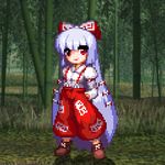  bow fake_screenshot fujiwara_no_mokou hair_bow long_hair long_sleeves lowres niwatori_takeshi pants pixel_art red_eyes scarlet_weather_rhapsody silver_hair smile solo suspenders touhou very_long_hair 