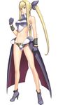  absurdres ar_tonelico ar_tonelico_iii armor bikini_armor blonde_hair bow breastplate crotch_plate frown full_body gloves hair_bow hair_ribbon high_heels highres legs long_hair midriff nagi_ryou navel official_art purple_eyes revealing_clothes ribbon sakia-rumei shoes simple_background solo standing twintails very_long_hair 