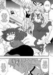  aku_(dejigiga) animal_ears cat_ears greyscale hard_translated highres kemonomimi_mode kochiya_sanae monochrome multiple_girls pillow sleeping touhou translated yakumo_ran yakumo_yukari yasaka_kanako 