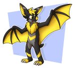 2022 absurd_res akira_(charliefluffpaw) anthro bat blonde_hair blue_background claws digital_drawing_(artwork) digital_media_(artwork) geometric_background gesture grey_body hair hi_res leaf-nosed_bat leaf_nose male mammal membrane_(anatomy) membranous_wings microbat moemneop neck_tuft plantigrade portrait raised_arms raised_wings semi-anthro shaded signature simple_background smile solo standing stripes tail teeth_showing three-quarter_view toe_claws toony tuft waving wings yangochiropteran yellow_stripes yellow_wings