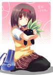  akane_souichi bag erika_(pokemon) gen_1_pokemon hug oddish one_eye_closed pantyhose pokemon pokemon_(creature) pokemon_(game) pokemon_frlg school_uniform short_hair sitting smile sweater_vest 