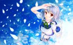  blush braid from_above full_body izayoi_sakuya kisaragi_miyu maid maid_headdress mary_janes petals red_eyes ripples shading_eyes shoes short_hair silver_hair smile solo standing standing_on_one_leg touhou twin_braids walking walking_on_liquid wallpaper water 