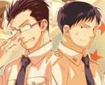  black_eyes black_hair fullmetal_alchemist glasses lowres maes_hughes male_focus mattsu multiple_boys necktie roy_mustang smile star uniform 