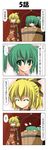  4koma :&gt; ^_^ blonde_hair bow bucket closed_eyes comic green_eyes green_hair hair_bobbles hair_bow hair_ornament highres in_bucket in_container kisume kurodani_yamame multiple_girls rappa_(rappaya) smile touhou translated twintails 