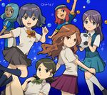  arm_up ball blue_background blue_eyes blue_hair brown_hair circle eyewear_on_head glasses green_eyes half_updo holding inazuma_eleven inazuma_eleven_(series) kino_aki kudou_fuyuka looking_back midriff mizuhara_aki multiple_girls musical_note one_eye_closed open_mouth otonashi_haruna pink_hair purple_hair raimon_natsumi red_eyes school_uniform short_hair smile soccer_uniform socks sportswear urabe_rika zaizen_touko 