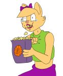 2015 4_fingers accessory alpha_channel anthro asphyxiation bar_emanata bare_shoulders bent_arm big_ears big_eyes biped bodily_fluids bottomwear bow_(feature) bow_ribbon cheek_bulge cheek_tuft cinemark_theatres clothed clothed_anthro clothed_female clothing color_edit colored container crop_top digital_drawing_(artwork) digital_media_(artwork) domestic_cat eating eating_food eating_popcorn emanata facial_tuft felid feline felis female fingers fist food food_in_mouth fully_clothed fully_clothed_anthro fully_clothed_female fur fur_tuft glistening glistening_bodily_fluids glistening_tears green_clothing green_crop_top green_shirt green_topwear hair_accessory hair_bow hair_ribbon half-length_portrait head_tuft holding_bag holding_container holding_object humanoid_hands light_body light_ears light_fur light_nose lips lipstick makeup mammal monotone_body monotone_bottomwear monotone_clothing monotone_crop_top monotone_fur monotone_shirt monotone_skirt monotone_topwear no_irises open_mouth pink_lips pink_lipstick pink_nose pointy_ears popcorn popcorn_in_mouth popcorn_penny portrait prick_ears print_bag pseudo_hair pupils purple_bottomwear purple_bow purple_clothing purple_skirt redout ribbons shirt simple_background skirt slit_pupils snout solo tears teeth third-party_edit topwear transparent_background tuft wide_eyed yellow_body yellow_ears yellow_fur