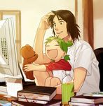  1girl ^_^ bad_id bad_pixiv_id book bottle brown_hair child closed_eyes computer duralumin father_and_daughter green_hair happy icym koiwai_yotsuba monitor mr_koiwai open_mouth outstretched_arms quad_tails short_hair sitting sitting_on_person stuffed_animal stuffed_toy teddy_bear teeth yotsubato! 