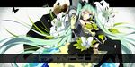  aqua_hair blue_eyes elbow_gloves flower gloves hair_ribbon hatsune_miku long_hair microphone microphone_stand ponjiritsu ribbon skirt smile solo thighhighs twintails very_long_hair vocaloid zettai_ryouiki 