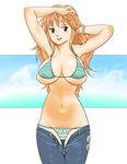  armpits bangle bikini bracelet breasts brown_eyes bursting_breasts denim highres jeans jewelry large_breasts long_hair nami_(one_piece) navel one_piece orange_hair panties pants s580 solo striped striped_panties swimsuit tattoo underwear unzipped 