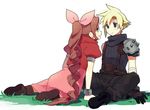  1girl aerith_gainsborough bad_id bad_pixiv_id blonde_hair blue_eyes bow brown_hair cloud_strife dress final_fantasy final_fantasy_vii gloves green_eyes hair_bow long_dress long_hair pink_bow pink_dress shinonome spiked_hair very_long_hair 