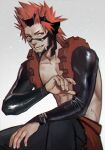  1boy abs arm_up black_bridal_gauntlets black_mask boku_no_hero_academia bridal_gauntlets collarbone commentary english_commentary fangs fingernails gears grey_background kirishima_eijiro long_sleeves looking_to_the_side male_focus mask mistermagnolia open_mouth pants pectorals red_eyes red_hair red_pants shiny_clothes sideways_glance solo spiked_hair superhero_costume teeth topless_male 