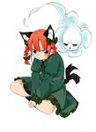  :&gt; animal_ears bad_id bad_pixiv_id braid cat_ears cat_tail frown indian_style kaenbyou_rin multiple_tails oguro_(moyashi_2-hon) red_eyes red_hair sitting skull solo sulking tail touhou twin_braids twintails 