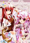  basket bat_wings book checkerboard_cookie cookie crescent cup food hat head_wings heart koakuma long_hair macaron multiple_girls murasaki_(murasakiiro_no_yoru) patchouli_knowledge pouring purple_eyes purple_hair red_eyes red_hair saucer teacup teapot touhou wings 