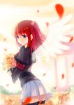  angel_wings bad_id bad_pixiv_id blue_eyes blush bouquet bug butterfly flower insect looking_back red_hair skirt solo thighhighs umineko_no_naku_koro_ni ushiromiya_ange wings xiangtu zettai_ryouiki 