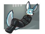 4:3 ankles_tied anthro arms_tied bdsm belt black_collar blue_body blue_fur bondage bondage_belt bondage_gear bondage_gear_only bound canid canine chibi collar countershade_tail countershading digital_media_(artwork) dipstick_ears ear_markings fennec_fox fox fur hair hands_tied head_tuft hi_res latex latex_sleepsack legs_tied lock lying lying_on_ground male mammal multicolored_ears nervous on_back on_ground padlock padlocked_collar prison prison_cell restraints shock_collar simple_background sleepsack solo stripedcrocodile submissive submissive_anthro submissive_male tail teeth true_fox tuft white_body white_fur zee_(zfursee)