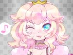  blonde_hair blue_eyes blush crown mario_(series) one_eye_closed princess_peach smile solo super_mario_bros. tongue yukimimi 