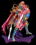  1girl armor brown_eyes brown_hair cape carrying copyright_name dragon_quest dragon_quest_i gauntlets helmet hero_(dq1) hinafuru long_hair princess_laura sandals shield sword weapon 