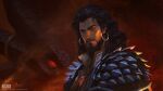  1boy armor bayard_wu beard black_dragon black_hair closed_mouth collared_shirt commentary dark-skinned_male dark_skin dated dragon dragon_horns earrings english_commentary facial_hair gem high_collar highres hoop_earrings horns jewelry long_hair looking_at_viewer male_focus pauldrons piercing popped_collar realistic red_eyes red_gemstone scales shirt shoulder_armor sideburns signature solo spiked_pauldrons upper_body warcraft world_of_warcraft wrathion 