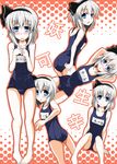  adjusting_clothes adjusting_swimsuit ass barefoot blue_eyes blush character_sheet hairband halftone halftone_background konpaku_youmu multiple_views one-piece_swimsuit pigeon-toed school_swimsuit short_hair silver_hair sitting standing swimsuit touhou youka_(gensou_kyoudan) 