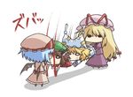  animal_ears bat_wings blonde_hair blue_hair bow brown_hair cat_ears chen chibi hair_bow hat hat_ribbon jewelry kurokoori long_hair multiple_girls o_o pain remilia_scarlet ribbon scratching short_hair single_earring standing teamwork touhou wings yakumo_ran yakumo_yukari 