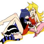  bad_id bad_pixiv_id barefoot black_hair blonde_hair blue_eyes bow cake crossed_legs dress earrings food grin hair_bow jewelry kooki legs long_hair lowres multiple_girls panties panty_&amp;_stocking_with_garterbelt panty_(psg) red_dress short_dress sitting smile stocking_(psg) striped striped_legwear thighhighs underwear 