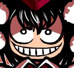  black_hair face grin looking_at_viewer lowres nada_haruka shameimaru_aya smile solo touhou you_gonna_get_raped 