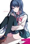  1girl ass blue_eyes blue_hair bow bowtie danganronpa:_trigger_happy_havoc danganronpa_(series) fuku_sa hair_ornament hairclip highres long_hair long_sleeves looking_at_viewer maizono_sayaka pink_bow pink_bowtie pleated_skirt sailor_collar school_uniform serafuku shirt skirt smile solo teardrop thighhighs 