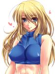  abs ahoge bad_id bad_pixiv_id bangs bare_shoulders blonde_hair blue_eyes breasts covered_nipples eyes_visible_through_hair hair_over_one_eye halterneck heart impossible_clothes large_breasts light_smile lips long_hair looking_at_viewer metroid metroid_fusion midriff ran_komomo samus_aran simple_background smile solo sports_bra toned turtleneck upper_body white_background 