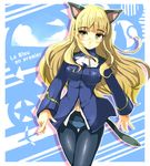 aircraft airplane animal_ears blonde_hair breasts cat cat_ears cat_tail french glasses green_eyes long_hair medium_breasts military military_uniform owarine_miku panties panties_under_pantyhose pantyhose perrine_h_clostermann solo star strike_witches tail thigh_gap underwear uniform world_witches_series 