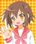  bad_id bad_pixiv_id brown_hair fang kusakabe_misao lucky_star minatoyui pink_neckwear ryouou_school_uniform school_uniform serafuku short_hair solo waving yellow_eyes 