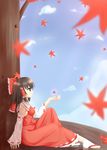  ascot bow brown_hair clog_sandals detached_sleeves hair_bow hakurei_reimu highres leaf maple_leaf no_bra sitting solo tabi touhou yoye_(pastel_white) 