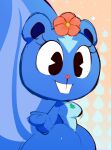 2023 anthro big_tail black_eyes blue_body blue_inner_ear buckteeth dark_inner_ear eyelashes female happy_tree_friends head_flower jewelry mammal mephitid mu_(artist) necklace petunia_(htf) pink_nose skunk smile solo tagme tail teeth thick_thighs