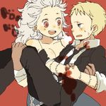  1girl :d blonde_hair blood blue_eyes carrying dorohedoro earrings formal gloves jewelry necktie no_eyewear noi_(dorohedoro) open_mouth princess_carry red_eyes shin_(dorohedoro) smile stitches suit sweatdrop white_hair yukke 