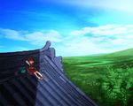  animal_ears aojiru_(shiro_to_kuro_no_mukyou) cat cat_ears cat_tail chen hat hat_removed headwear_removed long_sleeves multiple_tails rooftop scenery sleeping solo tail touhou 