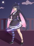  bow dress green_eyes hair_bow hand_on_hip houtengeki left-handed legs long_hair multicolored_hair panty_&amp;_stocking_with_garterbelt single_thighhigh solo stocking_(psg) striped striped_legwear sword thighhighs two-tone_hair weapon 