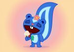 2020 anthro big_tail blue_body buckteeth culu-bluebeaver dessert eyes_closed female food happy_tree_friends head_flower holding_food holding_ice_cream holding_object ice_cream jewelry licking_ice_cream mammal mephitid necklace on_model open_mouth petunia_(htf) simple_background skunk solo tagme tail teeth tongue tongue_out