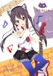  animal_ears bad_id bad_pixiv_id black_hair brown_eyes casual cat cat_ears guitar instrument k-on! listen!! long_hair mouth_hold nakano_azusa niangao pantyhose solo twintails 