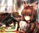  animal_ears annoyed bed black_hair blush cabinet cat_ears closed_eyes commentary_request fence glass highres kotoba_noriaki long_hair looking_at_viewer multiple_girls original photo_(object) pillow ponytail red_hair room sleeping slit_pupils 